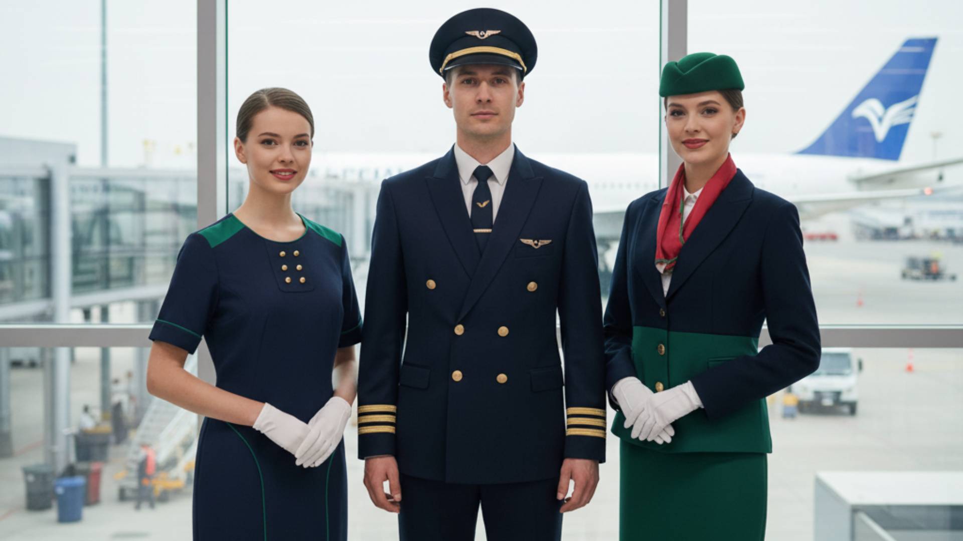 Pilot and cabin crew wearing Uniforms Fashion tailored uniforms at the airport gate